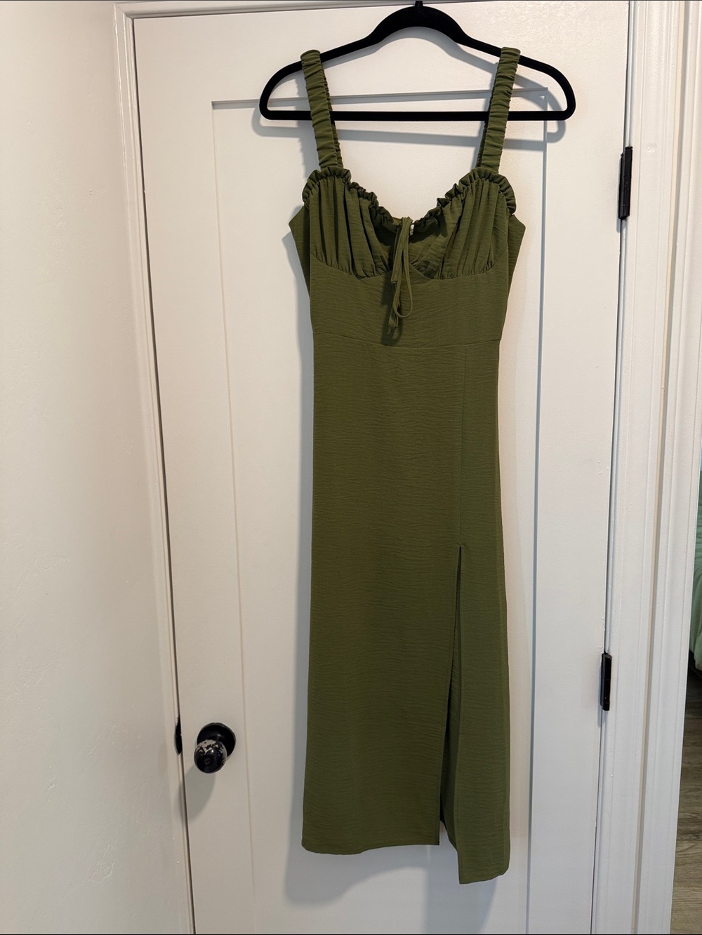Forever 21 Olive Green Midi Dress with Ruched Bust